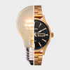 A collage of the Nixon Sentry Solar watch and a light bulb