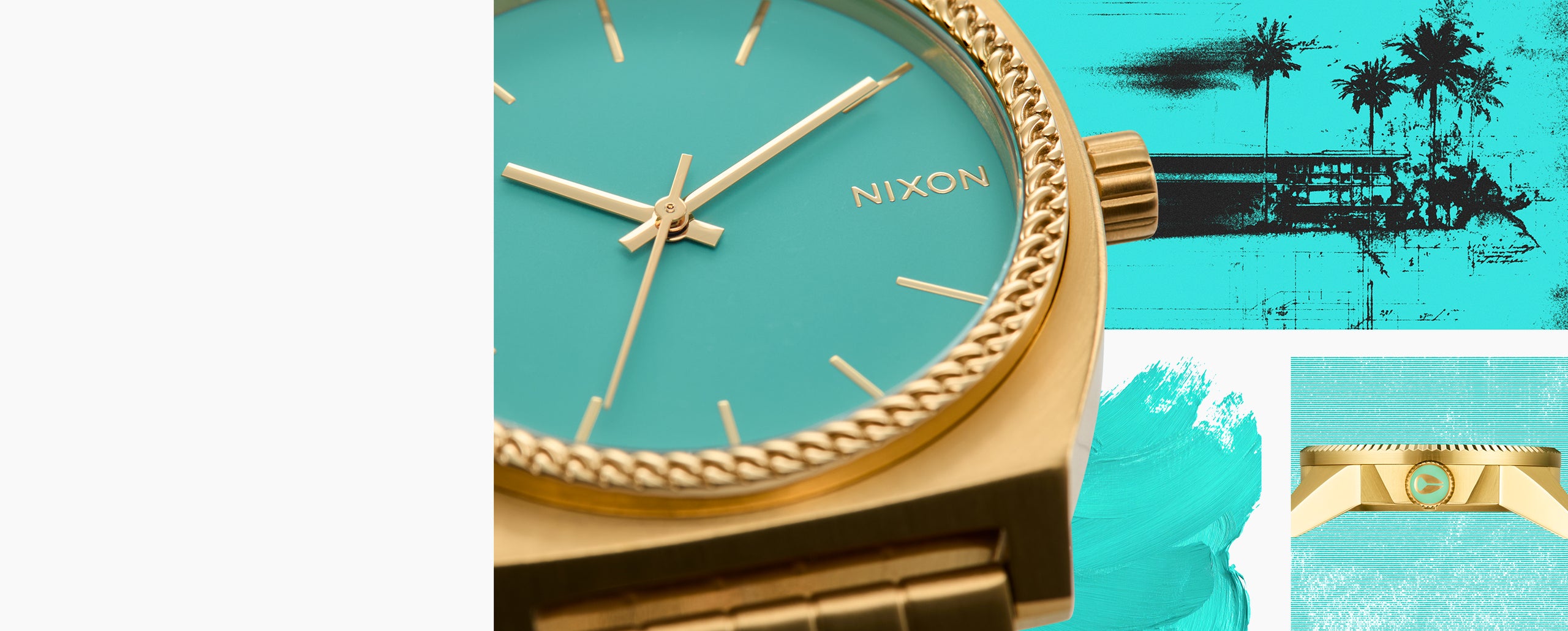 Gold Nixon watch with turquoise face on a colorful background